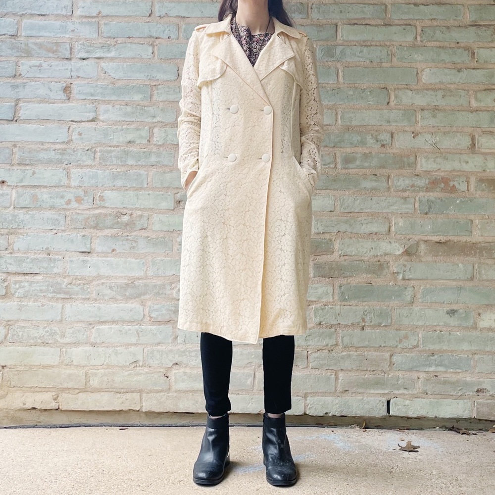 Chelsea 28 Trench Coat Ivory Cream Lace Double Breasted Long Jacket - Picture 2 of 14
